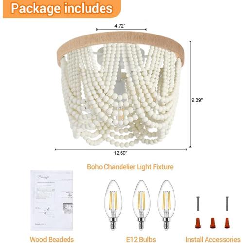 Boho Wood Beaded Chandelier, Flush Mount Ceiling Light,Farmhouse Rustic Jute Wooden Bead Chandeliers Fixture for Drawing Room，Bedroom,Hallway, Entryway,Dining Room(3-Light)