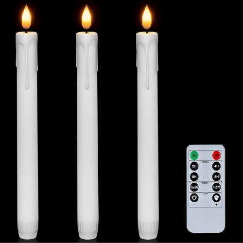 Homemory 3 Pcs Flameless Taper Candles with Remote Timer Dimmer, 9.6 White Flickering Candlesticks Battery Operated, Realistic Plastic LED Candles for Fireplace Wedding Seasonal Indoor Decorations