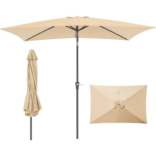 Rectangular Patio Umbrella, 6.5 x 10 ft Rectangle Table Umbrellas w/Heavy Duty Ribs, Effortless Crank and Push Button Tilt, Wind Resistant Sun Umbrella for Outdoor Patio, Beige