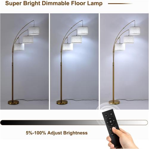 Gold Floor Lamps for Living Room, Super Bright Arc Floor Lamp with Remote Control, 3 Light Tall Floor Lamps with Stepless Dimmable, 80 Mid Century Tree Floor Lamp for Bedroom, Office