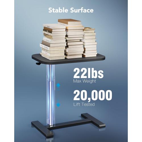 HUANUO 32Inch Bedside Table with Wheels, Height-Adjustable Rolling Computer Cart, Overbed Table with Cup Holder, Pneumatic Laptop Standing Desk for Home Office, Black