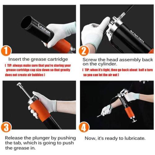 Lnchett Grease Gun with Quick Release Coupler, 9000 PSI Professional Heavy Duty 14 oz Pistol Grip Grease Gun with 18 Inch Spring Flex Hose, 1 Extension Rigid Pipe and1 Sharp Nozzle Included