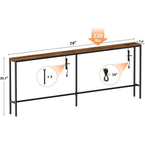 Bathola Narrow Sofa Table with 2 Power Outlets, 79” Thin Console Tables Narrow Long, Behind Couch Table Skinny, Wood Console Tables for Entryway, Living Room, Hallway, Foyer, Rustic Brown