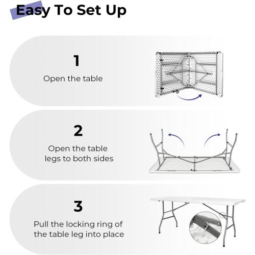 Folding Table 6ft Portable Heavy Duty Plastic Fold-in-Half Utility Foldable Table Plastic Dining Indoor Outdoor for Camping, Picnic and Party, White