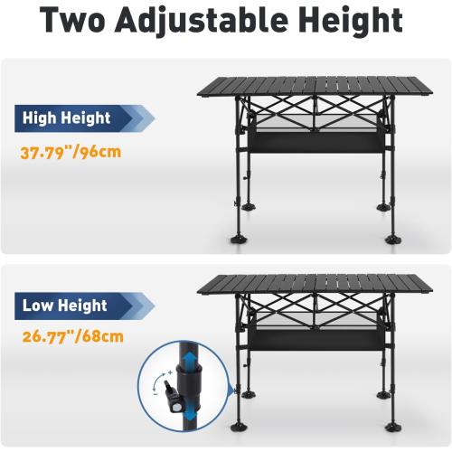ALPHA CAMP Folding Camping Table, Portable Roll-up Table with Adjustable Height, Large Storage Bag and Carrying Bag, Tall Aluminum Table for Indoor & Outdoor Picnic BBQ Backyards Beach