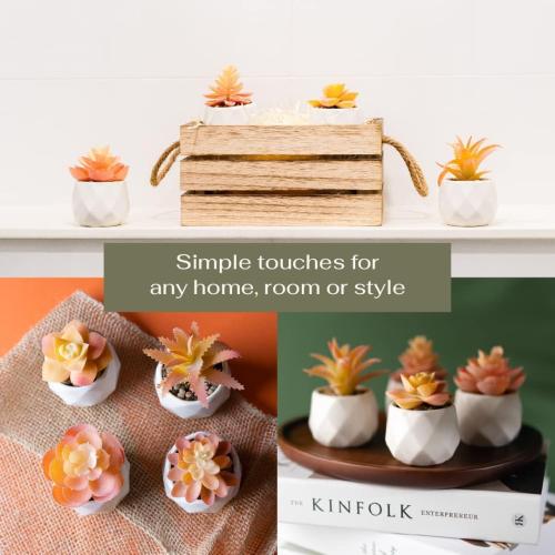 VIVERIE Mini Orange Artificial Succulent in Pots (White Ceramic, 4 Pot Set) Fake Plants for Indoors, Office Home Halloween/Christmas Decor Gifts-Faux Plant Gifts for Women