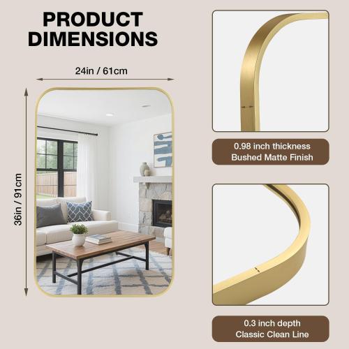24x36 Inch Bathroom Mirrors for Over Sink, Brushed Gold Rectangle Mirror for Bathroom or Entryway, Wall Mounted Vanity Mirror with Aluminum Alloy Frame & Tempered Glass, Hangs Horizontally/Vertically