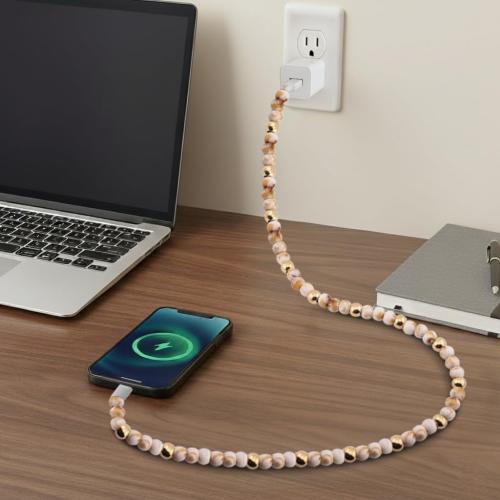 Stylish Beaded Phone Charger Cable Colors USB Charging Cord for Smartphones (2-1 to USB C, Marble & Gold)