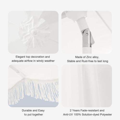 Tempera 9ft Auto Tilt Scalloped Patio Umbrella with Fringe(White) | Outdoor Table Umbrella, Fade Resistant Canopy, 8 Sturdy Ribs, Luxurious Vintage, For Lawn, Pool, Deck, Balcony