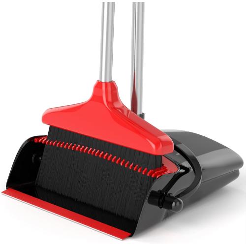 Broom with Dustpan Combo Set 54 Long Handle Adjustable Length Stainless Steel Broomstick Standing Dust Pan and Broom Set for Office Home Kitchen Lobby Floor Cleaning (Red and Black)