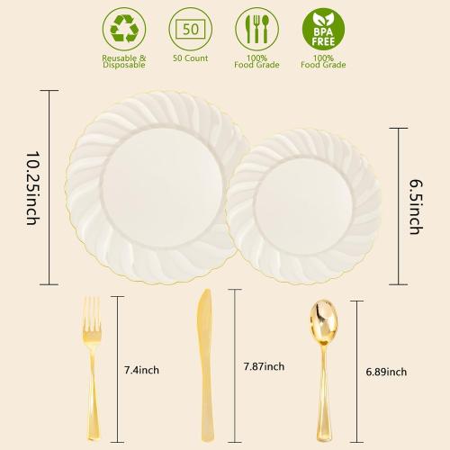 YOUBET 125PCS Scalloped Plastic Plates - Ivory Scalloped Disposable Plates - Gold Plastic Dinnerware Set Include 50 Plates, 75 Gold Silverware for Party & Wedding