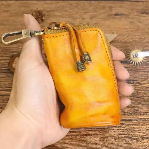 Medieval Mini Zipper Pouch, Genuine Leather Keychain Coin Purse with Easy Clip Swivel Clasps Coin Organizer Car Key Holder Wallet Card Bag Leather Pouch for Men Women (Yellow)