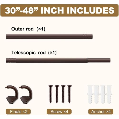 Brown Curtain Rods for Windows 28 to 48 inch, 5/8 inch Adjustable Wrap Around Blackout Curtain Rods for Bedroom & Outdoor