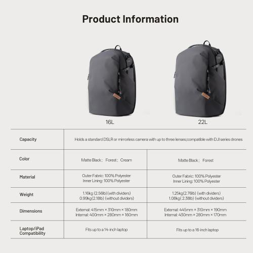 PGYTECH OneGo Lite 16L Camera Backpack Water-Resistant DSLR/Mirrorless Bag for Sony/Canon/Fujifilm, Drone Backpack, Tripod Mount Travel & Weekend Photography Pack for 14 Laptop (Matte Black)