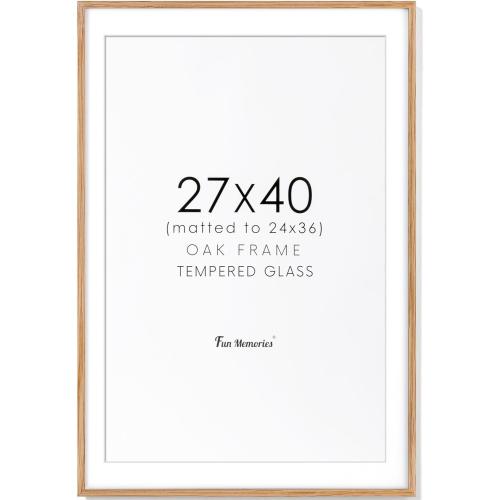 27x40 Picture Frame, Solid Oak Wood 27x40 Poster Frame for Wall, 27 x 40 Frame with Tempered Real Glass, 27x40 Frame with Mat for 24x36, Rustic Wooden 27x40 Art Frame, Natural Oak Color