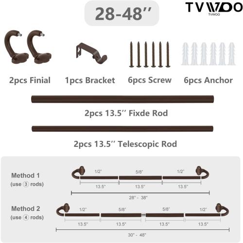 Bronze Wrap Around Curtain Rods:5/8 Inch Blackout Adjustable Window Curtain Rod for Bedroom Kitchen Apartment Renter Friendly,Room Darkening Curved Drapery Rods Easy Install,Antique Brown 28-48