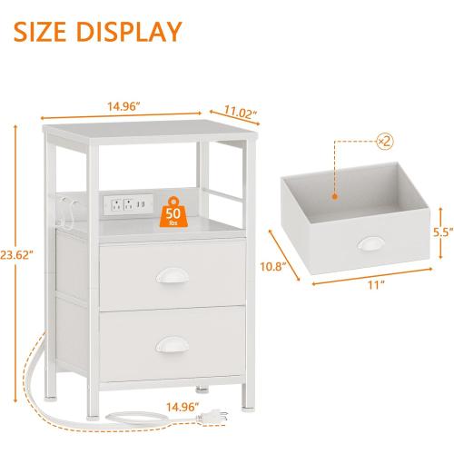Furologee End Table with Charging Station, Nightstand with Fabric Drawers, Side Tables with USB Ports & Outlets, Night Stand with Storage Shelf & Hooks, for Living Room/Bedroom, White