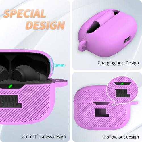 for JBL Vibe 200TWS/JBL Beam Case Cover, Silicone Protective Shock Cover Compatible with JBL True Wireless Headphones Charging Case with Carabiner(Purple)