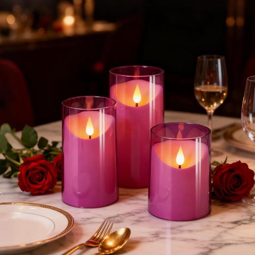 NURADA Flameless Candles: 3D Wick Unbreakable Acrylic Battery Operated LED Pillar Candles - Battery Candles with Remote and Timer for Table Wedding Centerpieces Party Decor 3 Pack Purple