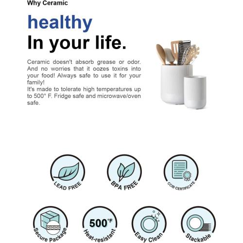 LE TAUCI Utensil Holder, 7.3 5.4 Ceramic Kitchen Utensil Holder for Countertop, Large Cooking Utensil Crocks for Kitchen Counter Decor, Morden Utensil Organizer for Spatula, Set of 2, White