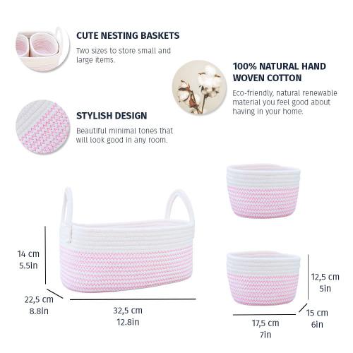 OrganiHaus Pink Baby Changing Basket, Nursery Storage Baskets for Shelves, Cotton Rope Basket w/Handles, Cloth Basket for Toys, Towel Basket Bins, Set of 3 Small Woven Basket for Storage