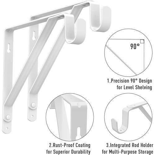 Closet Rod Bracket Heavy Duty Total Up to 300 lbs (6-Pack)- Wall Mounted Shelf Supports for Closet, Garage, Laundry, Rust-Proof Metal with Screws & Anchors, White