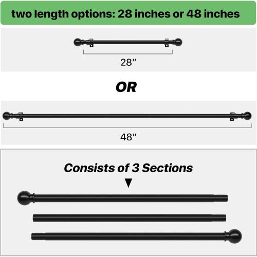 2 Pack 28-48 inch Black Metal Wall Mounted Curtain Rod Set with Brackets, 5/8 Adjustable Small Curtain Rods for Bedroom, Kitchen, Living Room, Grommet Curtains