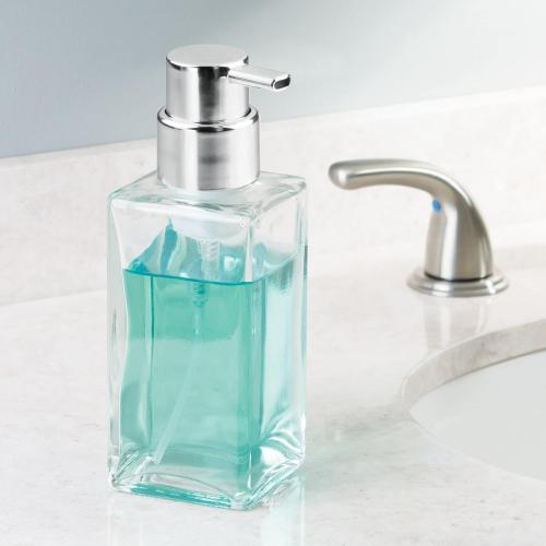 mDesign Glass Refillable Foaming Hand Soap Dispenser Modern Square Pump Bottle for Bathroom Vanities or Kitchen Sink, Countertops - 2 Pack - Clear/Chrome