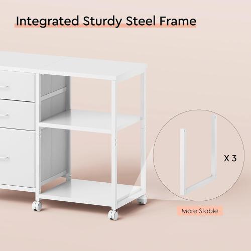 3 Drawer File Cabinet with Wheels Rolling Printer Stand with Open Storage Shelf Fabric Lateral Filing Cabinet for Home Office,White