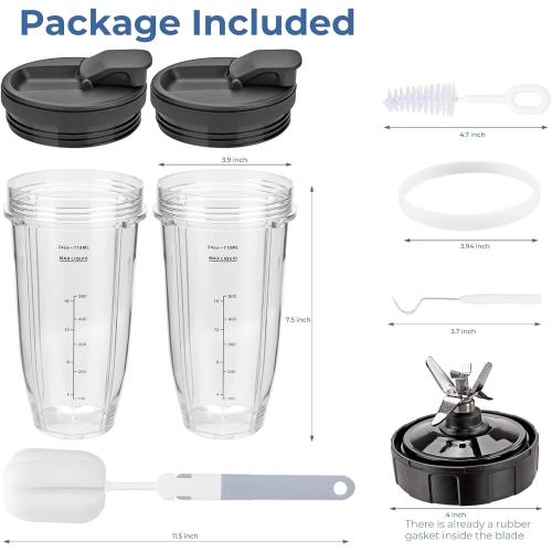 Blender Cups Replacement Parts For ninja,2-Pack 24oz Blender Cups with Sip & Seal Lids,7 fins Blender Replacement blade Compatible with Ninja BN401 BN751 BN801 BL480-30 BL642-30 BL682 BL687 NN102