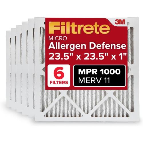 Filtrete 23.5x23.5x1 AC Furnace Air Filter, MERV 11, MPR 1000, Micro Allergen Defense, 3-Month Pleated 1-Inch Electrostatic Air Cleaning Filter, 6 Pack (Actual Size Pack 23.188x23.188x0.81 in)
