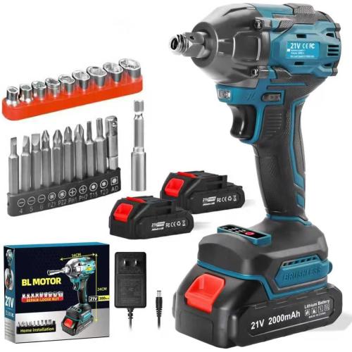 Cordless Impact Wrench, 21V Torque Power Impact Driver, 1/2 Power Impact Wrenches with 2 * 2.0Ah Batteries with 19 Accessories, Electric Impact Motor Variable Speeds for home installation (Blue)