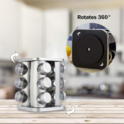Rotating Spice Rack Organizer with 12 Jars - Revolving Standing Seasoning Tower with 12 Glass Bottles for Countertop Kitchen Cabinet, Stainless Steel, Silver