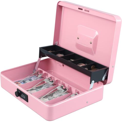 xydled Cash Box with Money Tray and Combination Lock,Tiered, Cantilever Design,4 Bill / 5 Coin Slots,11.8 x 9.5 x 3.5,Pink