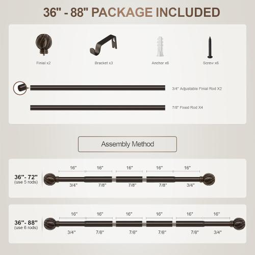 Lootkell Black Curtain Rods for Windows 48 to 84 Inches Adjustable Length Heavy Duty 7/8 Diameter Window Curtain Rod with Decorative Finials for Outdoor Farmhouse Bedroom Kitchen Living Room
