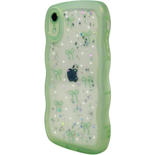 Qokey for iPhone XR Case, Glitter Star & Curved Edge Handle Grip Design, Military-Grade Shockproof Clear TPU Cover, Sparkle Protection Scratch-Resistant, Holographic Sage Green Bow