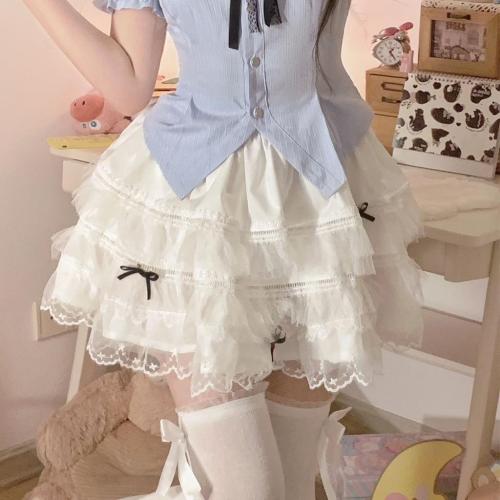 Harajuku Lolita Kawaii Casual Style Elastic Waist Cute Black Bows with Lace Hem Trim White Pleated Tiered Skirt size small