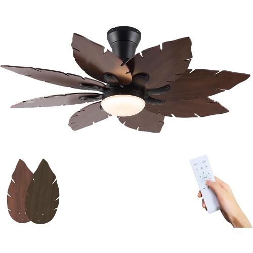 52'' Palm Leaf Ceiling Fans with Lights,Handmade Wooden Dual Fan Blades,Tropical Ceiling Fans with Remote,22W 3 Color LED Light, DC Reversible Motor, Low Profile Ceiling Fan for Patio, Living room