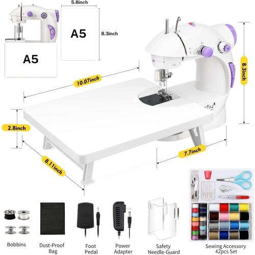 Magicfly Mini Sewing Machine with Extension Table, Dual Speed Portable Sewing Machine for Beginners with Light, Sewing Kit for Household Use, White