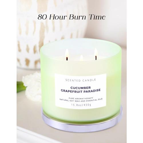 Cucumber Grapefruit Paradise 3-Wick Scented Candle | Large Soy Candle for Home 15.8 oz | Fresh Fruity Citrus Summer Aromatherapy Candle, Long Lasting Stress Relief & Relaxation Candles for Men & Women