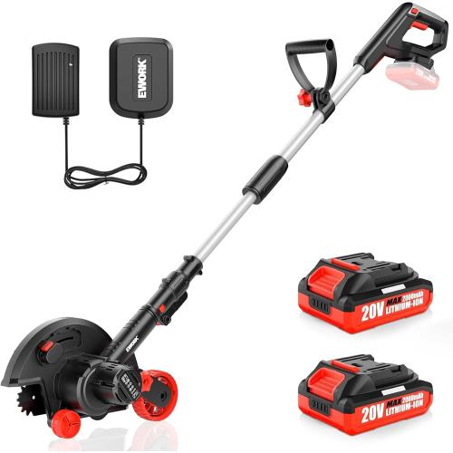 EWORK 20V Cordless Lawn Edger with 2 Batteries & Charger, Battery Powered Edger Lawn with 9 Metal Blade, 4 Adjustable Depth, Adjustable Handle, Dual Wheels, for Lawns, Driveways, Sidewalk Edges Red