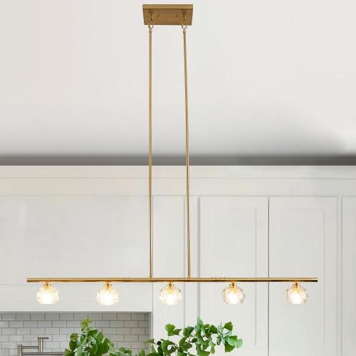 TANIN Kitchen Island Lighting Fixture, Dining Room Over Table 5 Lights Chandeliers, Height Adjustable Gold Crystal Shade Chandelier Farmhouse Pendant for Lighting Foyer Hallway Living Room -47.6