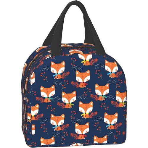 Cute Fox Lunch Bag for Women Small Insulated Lunch Box Leakproof Reusable Girls Lunchbag Office Work School Picnic Portable Black