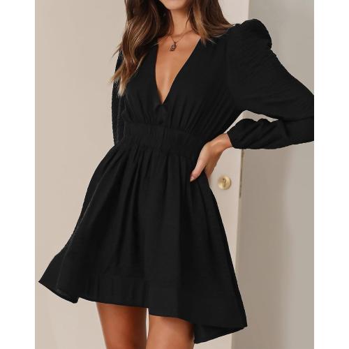Size/M FAIABLE Mini Deep V Sexy Long Sleeve Dress for Women A-line High Waisted Casual Flowy Dress for Cocktail Wedding Guest