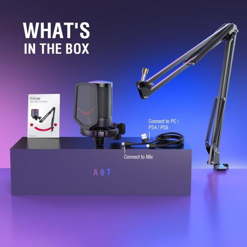 FIFINE Gaming PC USB Microphone, Podcast Condenser Mic with Boom Arm, Pop Filter, Mute Button for Streaming, Twitch, Online Chat, RGB Computer Mic for PS4/5 PC Gamer Youtuber-AmpliGame A6T