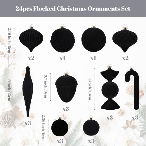 Velvet Ornaments for Christmas Tree Decorations - Black Flocked Christmas Ornament Set for Winter Holiday Decor - Shatterproof Xmas Balls Ornaments Bulk - Pack of 24