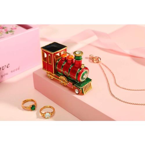 Mini Steam Train Jewelry Trinket Box Hinged Enameled Crystal Ornaments Gift for Home Decor