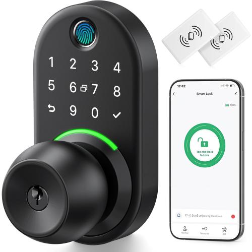 Keypad Smart Door Lock with Knob, Yamiry Keyless Entry Digital Lock with Handle, Fingerprint Electronic Knob for Front Door, Generate Passcode Remotely, Easy Installation