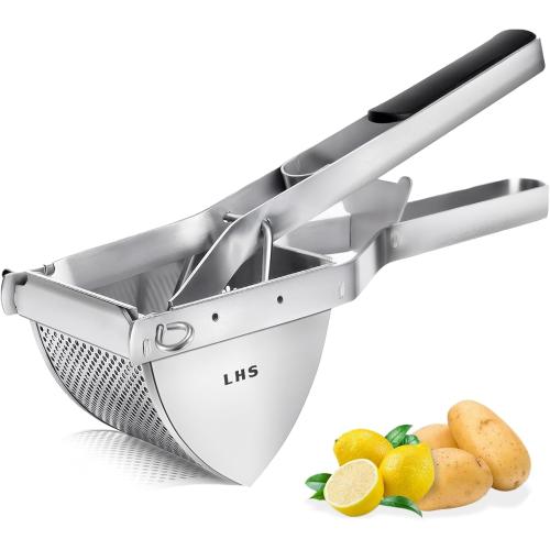 LHS Stainless Steel Potato Ricer and Masher, Heavy Duty Commercial Food Masher, Ergonomic Comfort Grip, Extra Large Capacity, Dishwasher Safe (Black)