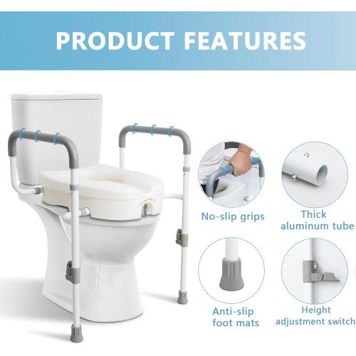 WeHwupe Raised Toilet Seat with Handles for Elderly - Toilet Seat Risers for Seniors with Adjustable Padded Arms - Elevated Toilet Safety Seat for Standard or Elongated Commode